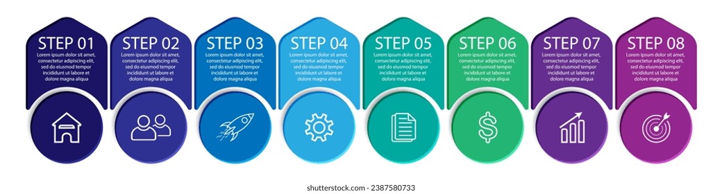 3d vector infographic 8 steps, simple design with various colors connected to each other, there are icons, text and symbols, good for your business presentation, concise and easy