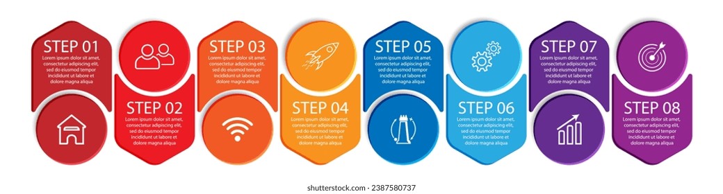 3d vector infographic 8 steps, simple design with various colors connected to each other, there are icons, text and symbols, good for your business presentation, concise and easy