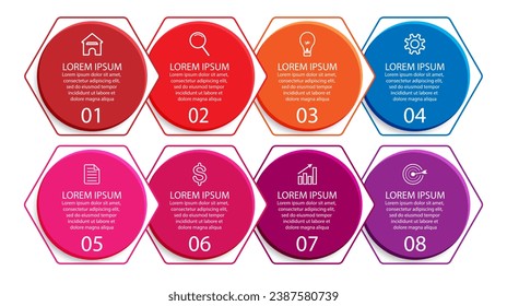 3d vector infographic 8 steps, simple design with various colors connected to each other, there are icons, text and symbols, good for your business presentation, concise and easy