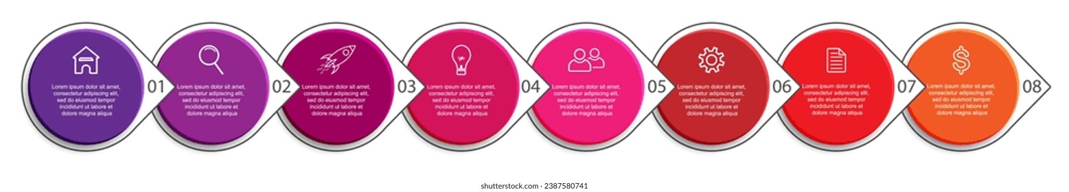 3d vector infographic 8 steps, simple design with various colors connected to each other, there are icons, text and symbols, good for your business presentation, concise and easy