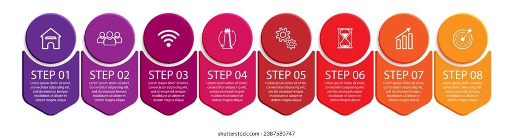 3d vector infographic 8 steps, simple design with various colors connected to each other, there are icons, text and symbols, good for your business presentation, concise and easy