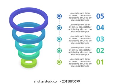 3D-Vektorgrafik-Pyramide oder Vergleichstabelle mit 5 bunten Levitationsschichten. Das Konzept von sechs Stufen oder Stufen eines Geschäftsprojekts. Realistische Infografik-Design-Vorlage.