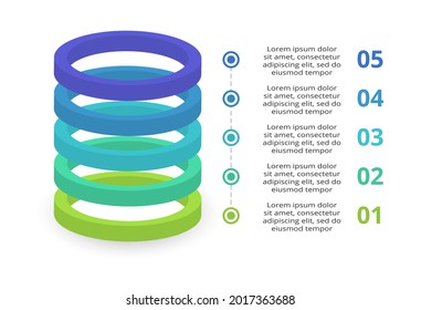 3D vector infographic pyramid, or comparison chart with 5 colorful levitating layers. The concept of  levels or stages of a business project. Realistic infographic design template.