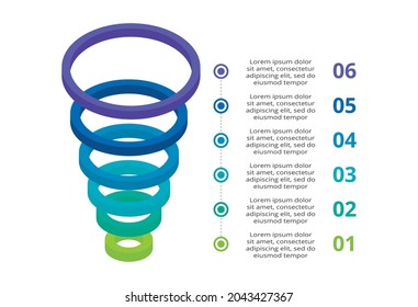 Pirámide de infografía vectorial 3D, o gráfico de comparación con 6 capas de levitación coloridas.