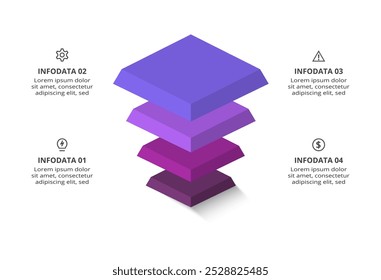 3D vector infographic pyramid, or comparison chart with 4 colorful levitating layers. Realistic infographic template.