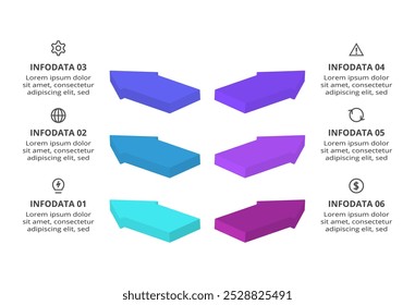 3D vector infographic pyramid, or comparison chart with 6 colorful levitating layers. Realistic infographic template.