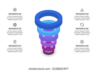 3D vector infographic pyramid, or comparison chart with 6 colorful levitating layers. Realistic infographic template.
