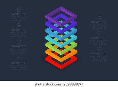 3D-Vektorgrafik-Pyramide oder Vergleichstabelle mit 7 bunten Levitationsschichten. Realistische Infografik-Vorlage.