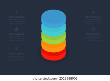 Pirâmide infográfica vetorial 3D ou gráfico de comparação com 5 camadas levitantes coloridas. Modelo infográfico realista.