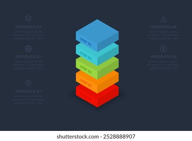 3D vector infographic pyramid, or comparison chart with 5 colorful levitating layers. Realistic infographic template.