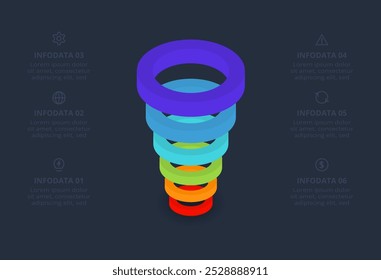 Pirâmide infográfica vetorial 3D ou gráfico de comparação com 6 camadas levitantes coloridas. Modelo infográfico realista.