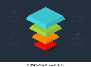 Pirâmide infográfica vetorial 3D ou gráfico de comparação com 4 camadas levitantes coloridas. Modelo infográfico realista.