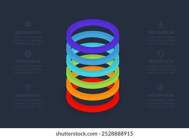 Pirâmide infográfica vetorial 3D ou gráfico de comparação com 6 camadas levitantes coloridas. Modelo infográfico realista.