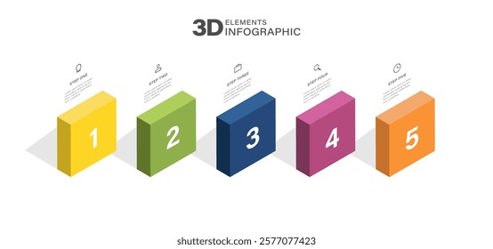 3D vector infographic template. Square blocks in isometry. 5 steps infographics