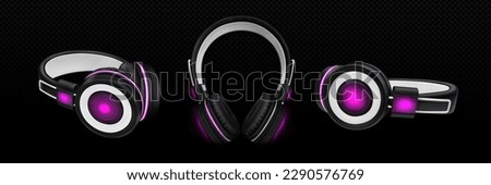 3d vector isolated dj headset with neon light. Realistic set of black headphone icon. Portable wireless phone device for deejay. Gadget mockup for entertainment front and side view dark concept.