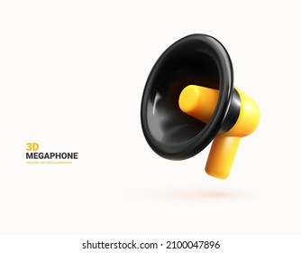 3d vector isolated megaphone on white background. Three dimensional black and yellow loudspeaker