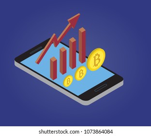 3d vector isometric Bitcoin growth concept. Abstract vector illustration of growth chart. Business success diagram, growing up. Business data visualization concept on smartphone monitor.