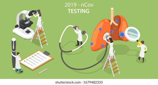 3D Vector Isometric Concept of 2019-nCov Virus Laboratory Testing, Awareness and Alert Against Coronavirus, SARS-CoV-2 Disease Pandemic.