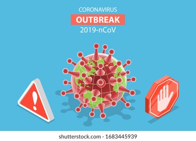 Isometrisches Konzept der 3D-Vektorillustration von Covid-19-Coronavirus-Ausbruch, Sensibilisierung und Warnung gegen 2019-nCov-Virus, Beendigung der SARS-CoV-2-Seuche.