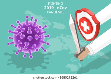 3D Vector Isometric Concept of Fight 2019-nCov Pandemic, Covid-19 Outbreak, Awareness and Alert Against SARS-CoV-2 Virus.