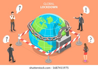 3D Vector Isometric Concept of Global Lockdown, Coronavirus Covid-19 Outbreak, Restrictions implemented due to 2019-nCov.