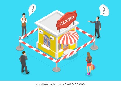 3D Vector Isometric Concept of Stores closing and Businesses Bankruptcy as Consequences of Coronavirus Covid-19 Outbreak, Restrictions implemented due to 2019-nCov.