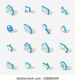 3d vector isometric design icons set. Objects: Mail, magnifying glass, search, rating, options, gear, arrow, heart, speech bubble.