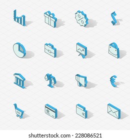 3d vector isometric design icons set. Objects: gift box, sale, shopping, tag, business, case, discount, graph, megaphone, bag, card, mail
