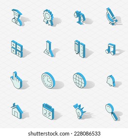 3d vector isometric design icons set. Objects: microscope, science, idea lamp, music note, pencil, globe