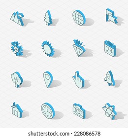 3d vector isometric design icons set. Objects: diamond, map, pointer, calendar, flag, house, science, photo camera, start up