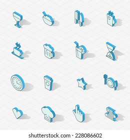 3d vector isometric design icons set. Objects: trophy cup, food, juice, star, clock, puzzle