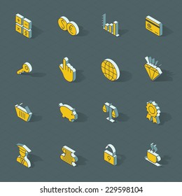 3d vector isometric design icons set. Objects: cursor, hand, globe, graph, basket, banking, lock, diamond, finance, coffee cup, calculator 