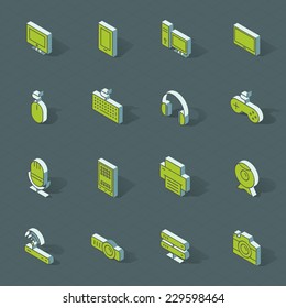 3d vector isometric design icons set. Objects: Smart phone, mobile phone, speakers, laptop, screen, keyboard, mouse, computer, game controller, web cam. 
