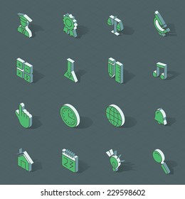 3d vector isometric design icons set. Objects: microscope, science, idea lamp, music note, pencil, globe 