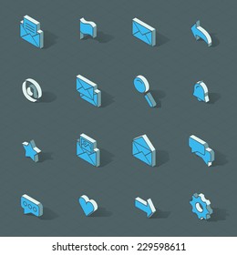 3d vector isometric design icons set. Objects: Mail, magnifying glass, search, rating, options, gear, arrow, heart, speech bubble.