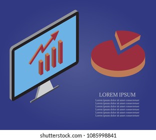 3d vector isometric growth concept. Abstract vector illustration of growth chart. Business success diagram, growing up. Business data visualization concept on pc monitor.