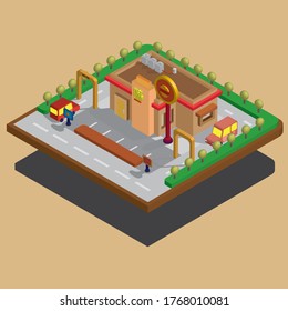  3D Vector Isometric Icon Or Infographic Element Fast Food Restaurant With Car Parking, Drive Thru And Advertising Sign.