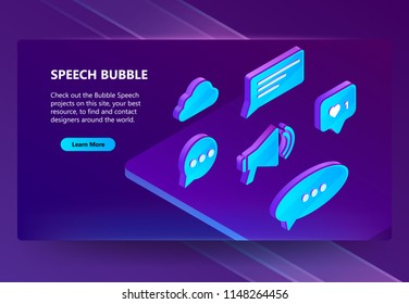 3d vector isometric icons of speech bubbles on the website page isolated on an ultra violet background. Templates for online communication, contacts, conversation, message