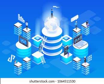 3d vector isometric illustration of the Virtual augmented reality concept with people learning and entertaining. 