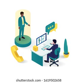 3d vector Isometric of online customer support. Customer Service and Technical Support Concept isometric illustration