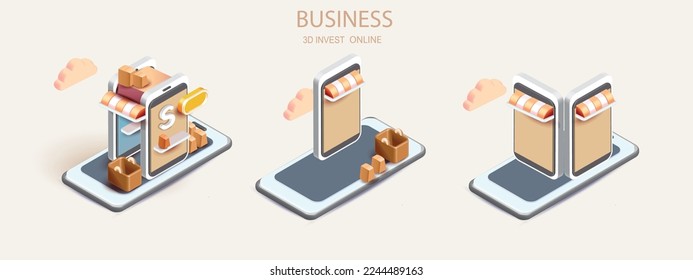 3d vector isometric render online shopping with phone using tags promotion or cash for banner. online pass smartphone .shop purchase basket retail store on e-commerce 