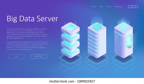 3d Vector Isometric Set of Big Data Center Server Concept. Technology for Analysis information in Datacenter Computer. Hosting Network System.