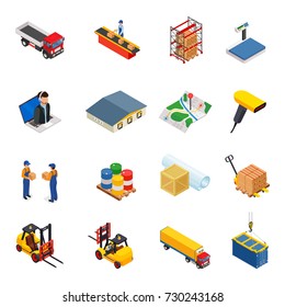 3D vector isometric warehouse,transportation, logistic and delivery icon set isolated on white