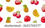 3D vector jelly candies of different fruit shapes in seamless wallpaper. Illustration of cherry, raspberry, pineapple, orange slices, strawberry. For backgrounds or textiles. Delicious treat.