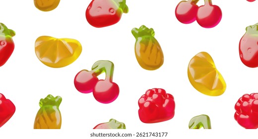 3D vector jelly candies of different fruit shapes in seamless wallpaper. Illustration of cherry, raspberry, pineapple, orange slices, strawberry. For backgrounds or textiles. Delicious treat.