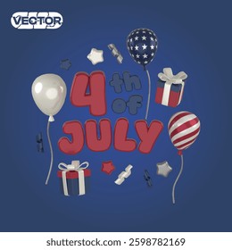 3D vector July 4th Independence Day icon set on blue background. realistic illustration