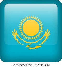 3d vector Kazakhstan flag glossy button. Kazakh national emblem. Square icon with flag of Kazakhstan