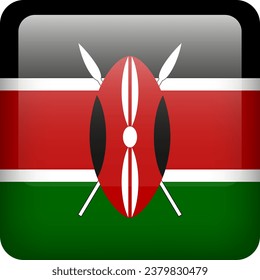 3d vector Kenya flag glossy button. Kenyan national emblem. Square icon with flag of Kenya
