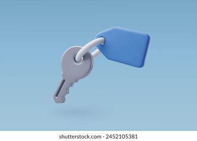 3d Vector Key with key chain, Security, Hotel room service banner, Hotel booking concept. Eps 10 Vector.