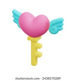 Icono del corazón de la llave del vector 3d. Aislado sobre fondo blanco. 3d corazón, amor y concepto de san valentín. Dibujos animados estilo minimalista. Ilustración de renderizado de vector de icono de corazón 3d.